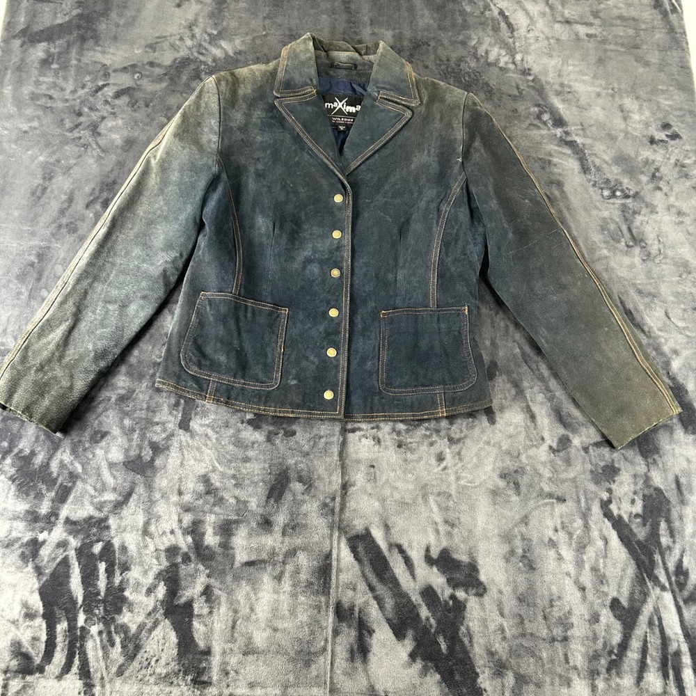 Wilsons Maxima Leather Jacket Womens XL Blue Suede Button Front Blazer F-012